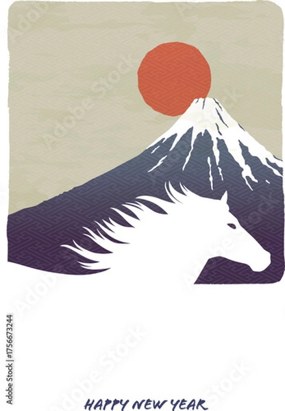 Obraz 午年の年賀状テンプレート　馬と富士山と日の出