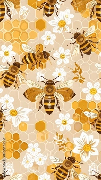 Obraz Honeycomb pattern with bees and flowers