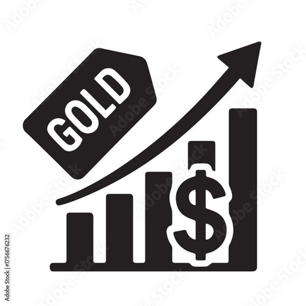 Obraz Illustration showing increasing gold prices with price tag labeled gold and upward arrow bar chart, symbolizing market growth, investment rise, and economic value trend on white background