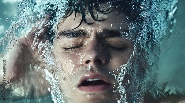 Fototapeta A young man's face emerges from the water, his eyes closed and mouth open in a gasp for air. The water creates a dramatic splash around him.