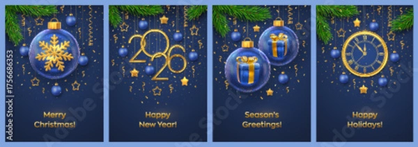 Fototapeta Christmas card set. Happy New Year 2026. Golden numbers 2026 and countdown clock. Gift boxes, shining gold snowflake in glass baubles, fir branches, stars, and Christmas balls. Vector illustration.
