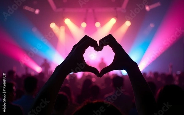 Fototapeta A silhouette of hands creating a heart shape stands out against a vibrant concert backdrop filled with colorful lights. This electrifying moment captures the essence of love and unity among the crowd