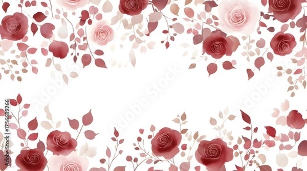 Fototapeta Delicate roses and leaves frame a white space for text.