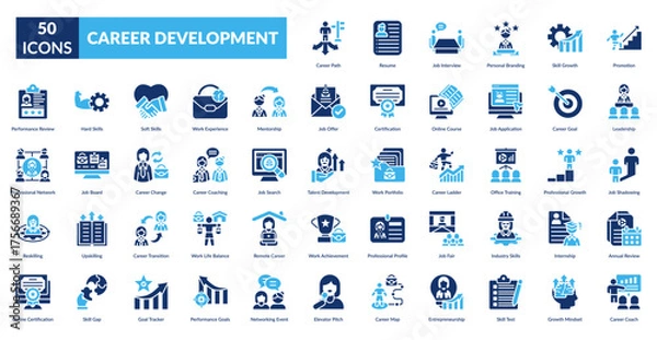 Fototapeta Career Development Fill Icon Set. Career Path, Resume Document, Interview Tips, Personal Branding Strategy, Skill Enhancement, Promotion Opportunity, Leadership Skills