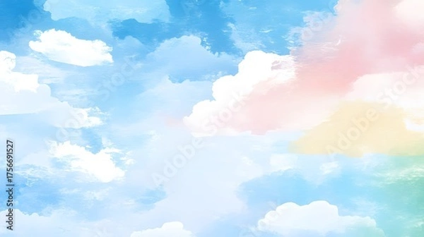Fototapeta Soft pastel clouds drift across a bright blue sky.