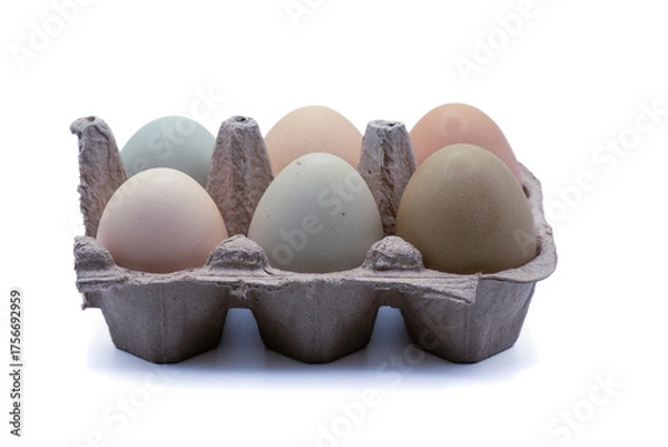 Fototapeta Half dozen unwashed colorful chicken eggs in open cartonon on isolated on white background