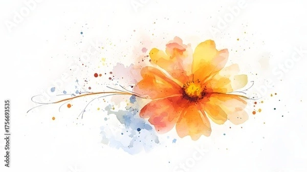 Fototapeta Watercolor painting of a vibrant orange flower with delicate branches and splatters.