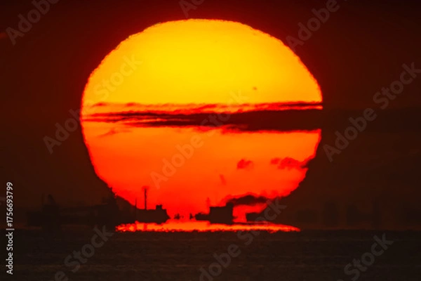 Fototapeta 街影蜃気楼の背後に空へ昇るくびれの入っただるま朝日20240901-3
