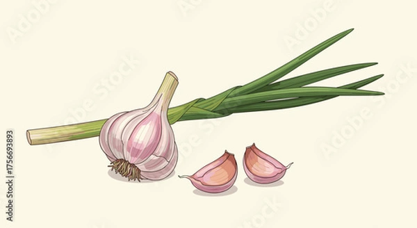 Fototapeta Fresh garlic bulb with green sprouts and peeled cloves on a light background.