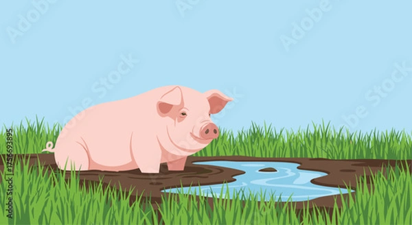 Fototapeta A cute pink pig enjoying a refreshing mud bath in a grassy field on a sunny day.