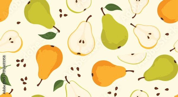 Fototapeta A vibrant illustration of ripe pears and pear slices scattered across a pale yellow background.