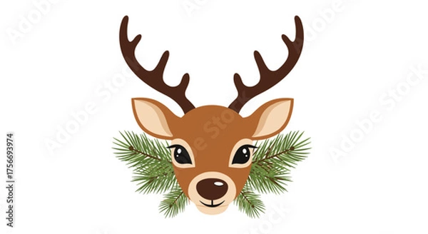 Fototapeta A cute cartoon deer with impressive antlers adorned with pine branches.