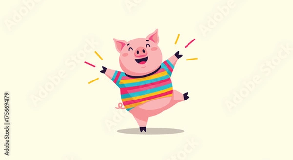 Fototapeta A happy cartoon pig wearing a striped sweater jumping with joy.