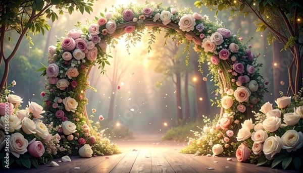 Obraz A beautiful floral archway with pink and white roses stands illuminated in an enchanting forest clearing.