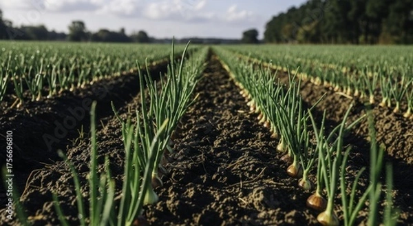 Fototapeta Young green onion plants growing in neat rows in a sunny agricultural field with morning dew, showcasing fresh produce and rural farming.