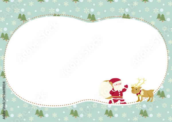 Fototapeta モミの木と雪のパターン素材のクリスマスフレーム　サンタクロースとトナカイ