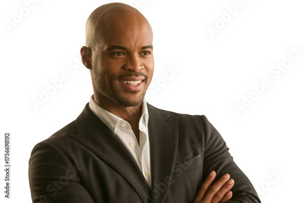 Fototapeta Smiling bald black man in suit isolated on transparent background