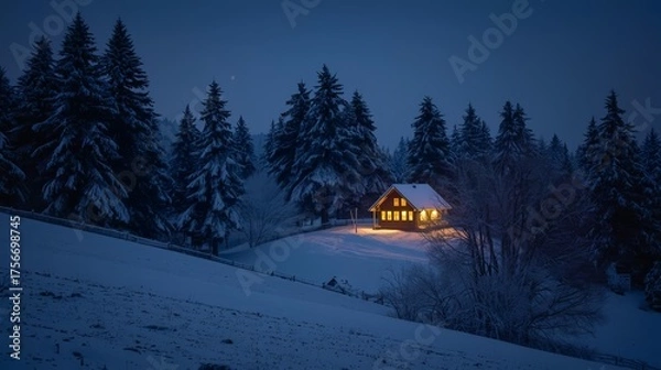 Fototapeta the atmosphere of night in the pine forest and  wooden houses with yellowish lights 