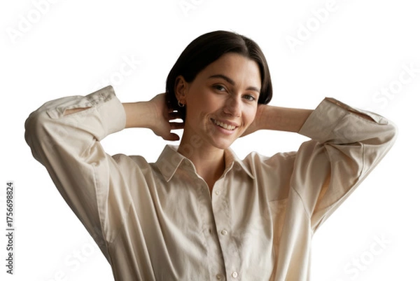 Fototapeta Young woman with hands behind her head isolated on transparent background
