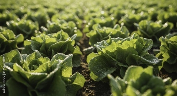 Fototapeta Vibrant green lettuce plants in an organic farm field, covered in sparkling morning dew and bathed in warm golden hour sunlight, creating a fresh and natural agricultural scene with beautiful bokeh.