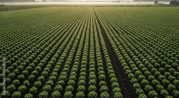 Obraz Aerial View of Lush Green Lettuce Field at Misty Sunrise, Showcasing Orderly Rows of Growing Vegetables in a Vast Agricultural Landscape