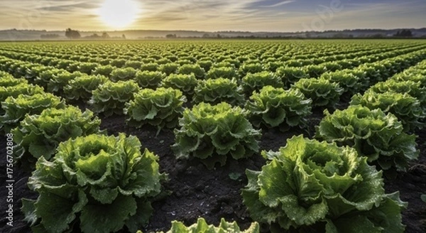Fototapeta Vibrant green lettuce plants growing in neat rows across an expansive agricultural field, illuminated by the warm, golden light of sunrise or sunset under a serene sky, highlighting fresh produce.