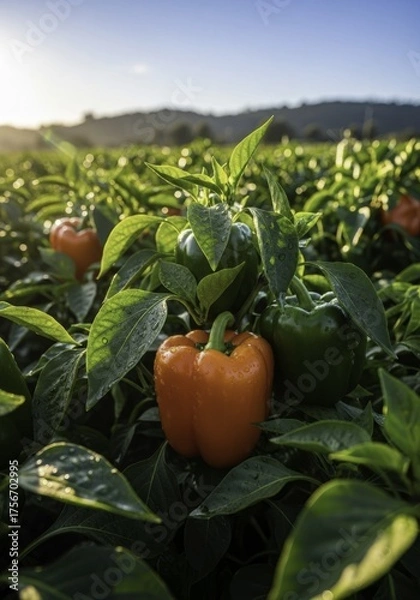 Fototapeta Vibrant and Green Peppers with Dew Drops in a Lush Field at Golden Hour, Ready for Harvest