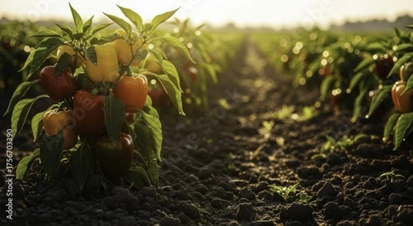 Fototapeta Close-up of vibrant peppers (Capsicum annuum) in red, yellow, and , growing on plants in a sunlit agricultural field at sunset, with golden light and dew drops, farming landscape.