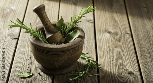 Fototapeta Fresh Rosemary, Bay Leaves, and Peppercorns in a Rustic Wooden Mortar and Pestle on a Textured Table