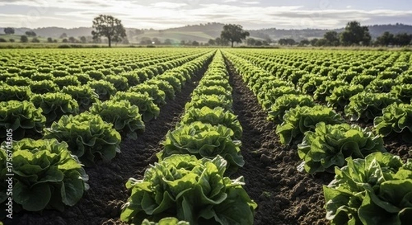 Obraz Sunlit rows of fresh green lettuce growing in a fertile field, with rolling hills and trees in the hazy background, symbolizing organic farming and a bountiful harvest.