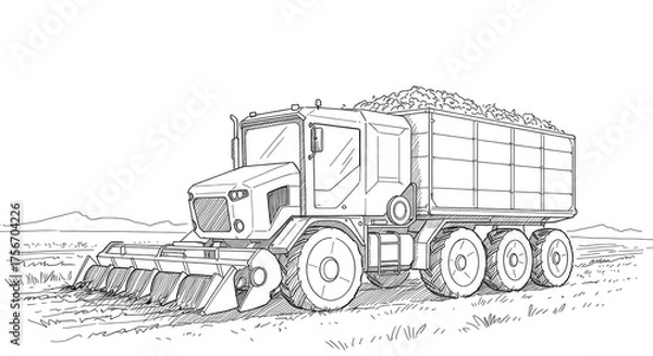 Fototapeta Powerful agricultural harvester diligently collecting crops in a vast field, ready for efficient transport and processing for modern farming operations.