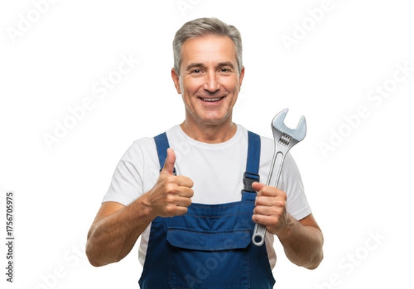 Fototapeta Mechanic holding a wrench and giving thumbs up isolated on transparent background