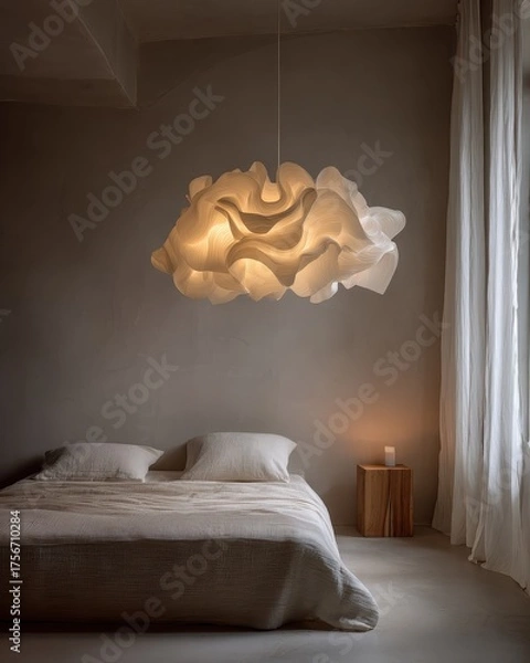 Fototapeta A bed with a white comforter and a lamp