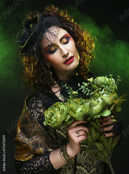 Obraz Beautiful woman with bright make up wearing hat with veil holding dry green flowers.