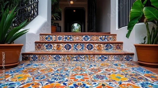 Fototapeta A tiled stair with a plant in the background