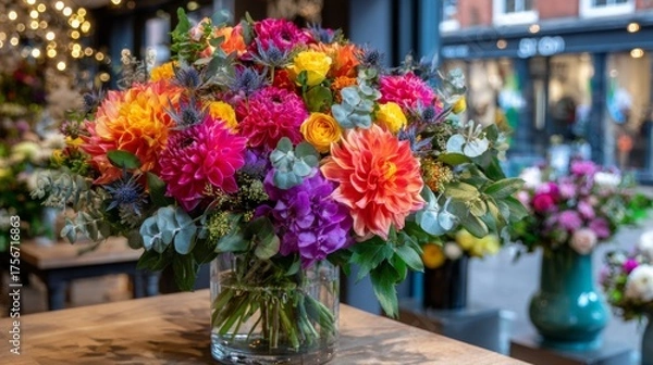 Obraz Bright and colorful flower arrangement in a shop with various blooms and greenery displayed on a wooden table