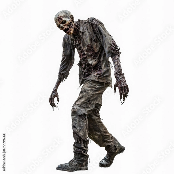 Fototapeta A zombie walking towards the camera with a white background.