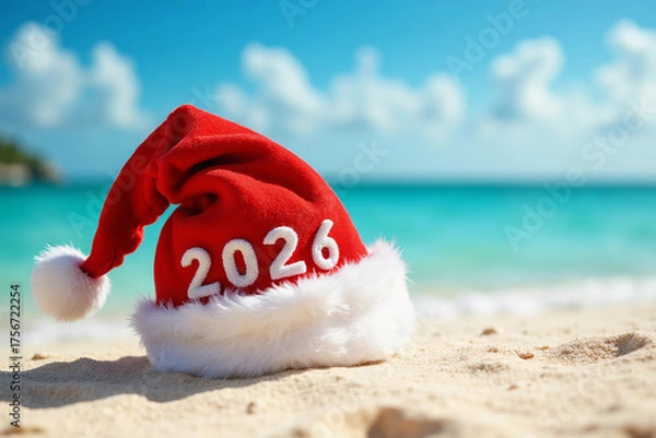 Fototapeta New Year 2026 background with red Santa hat on Caribbean beach.