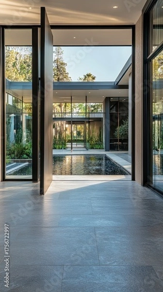 Fototapeta A large open patio with a water feature