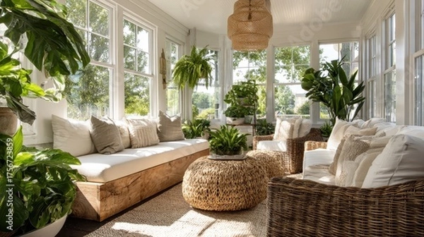 Fototapeta A living room with a large window and a couch