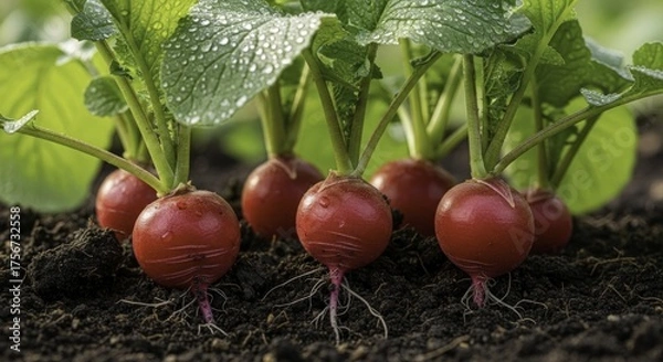 Fototapeta Fresh Red Radishes Growing in Garden Soil with Dewy Green Leaves, Close-Up of a Healthy Spring Harvest
