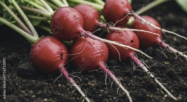 Obraz Close-up of Freshly Harvested Red Radishes with Water Droplets on Rich Garden Soil