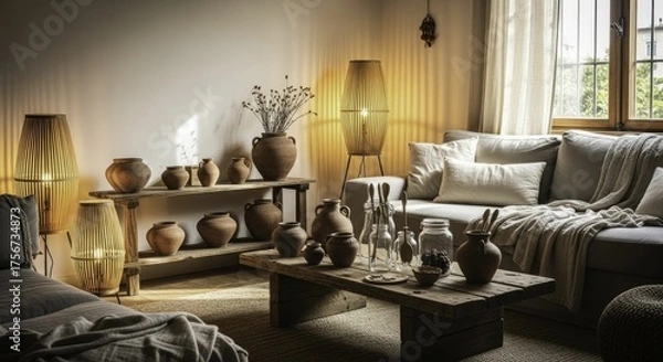 Fototapeta Cozy Living Room with Rustic Terracotta Pottery, Warm Ambient Lighting, and Natural Decor for a Relaxing Home Aesthetic