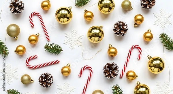 Fototapeta Christmas flat lay background with golden baubles pine cones candy canes and snowflakes festive holiday decoration on white top view composition perfect for seasonal greeting cards posters and invitat