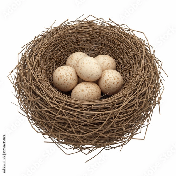 Fototapeta eggs in a nest, realistic artistic illustration of nature and new life, detailed straw texture and soft natural tones symbolizing warmth and nurture