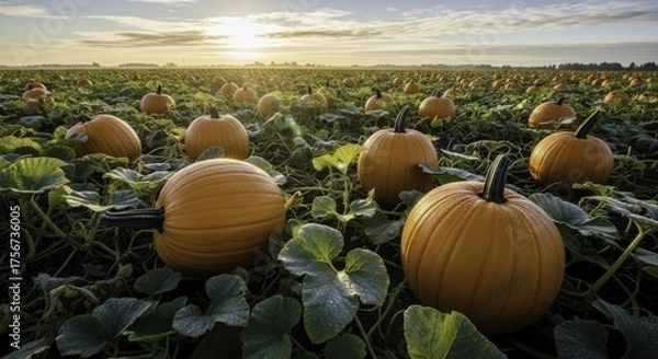 Fototapeta Golden Hour Glow on a Bountiful Pumpkin Patch, showcasing large pumpkins and dew-covered leaves in an autumn field at sunrise.