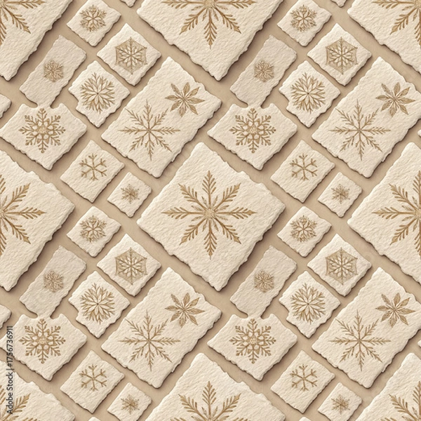 Obraz Vintage-style snowflake illustrations on layered beige paper squares, forming a seamless winter pattern with a soft, rustic feel.