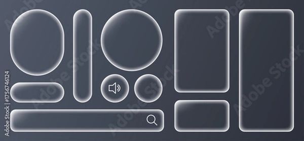 Fototapeta Futuristic Liquid Glass Button and Interface Banner Set, Glowing Transparent Panels and Tech Frames for Mobile and Web UI Design, Vector PNG Collection