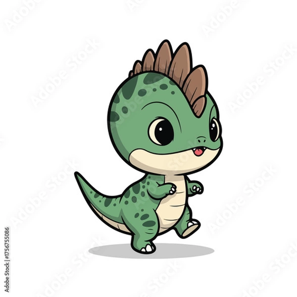 Fototapeta Cute green baby stegosaurus walking happily in a prehistoric land with a playful expression, creating a whimsical and cheerful atmosphere.