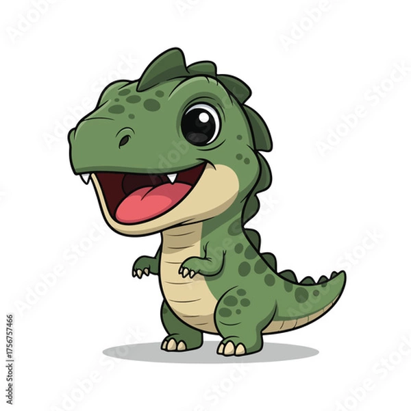 Fototapeta Cute green dinosaur smiling happily in a prehistoric jungle with vibrant colors and playful energy, creating a cheerful scene.